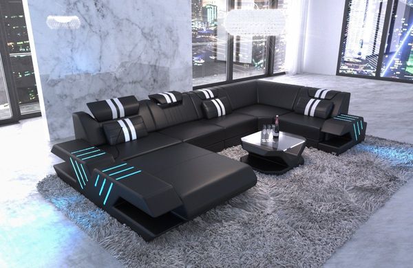 Sofa Dreams Wohnlandschaft Ledercouch Sofa Leder Venedig U Form Ledersofa, Couch, mit LED, wahlweise mit Bettfunktion als Schlafsofa, Designersofa
