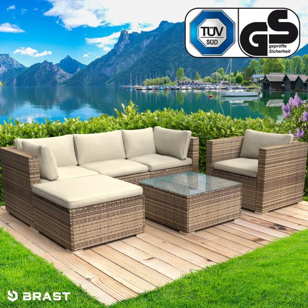 BRAST Gartenmöbel Lounge Sofa Couch Set Joy Braun Poly-Rattan für 5 Personen