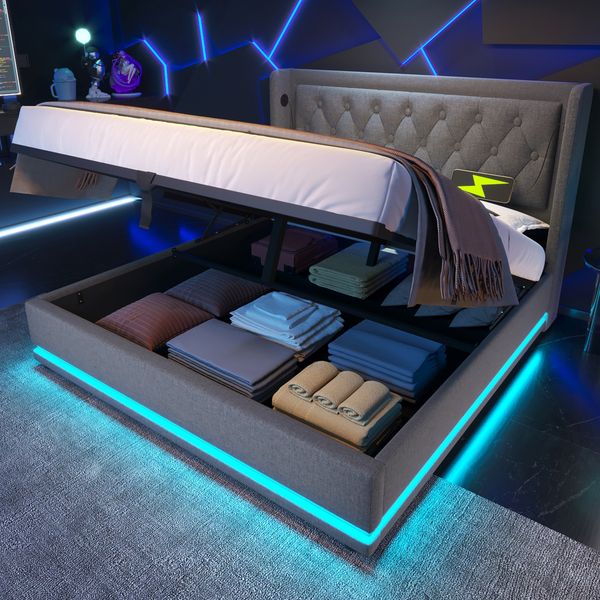 Polsterbett, Baumwolle mit Stauraum, LED & USB-Anschluss, 180x200 cm, Grau, ohne Matratze