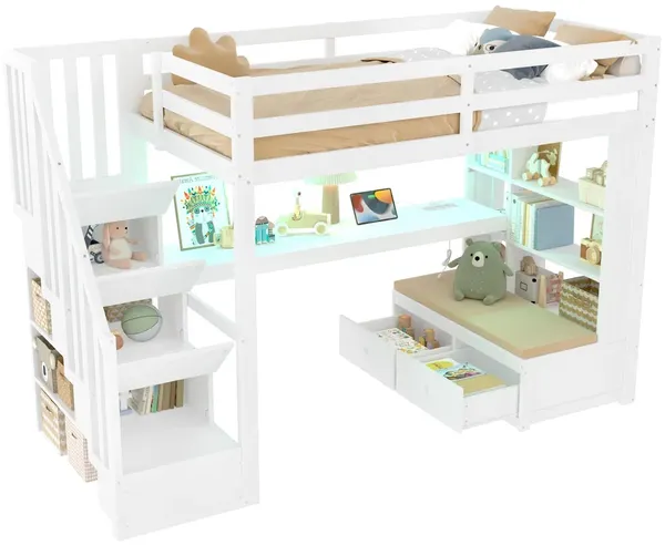 Hochbett mit Schreibtisch, RGB LED-Streife, Lattenrost, Treppe, Stauraum, Rausfallschutz, Steckdose, USB und Sitzbank, 90x200cm, Kinderbett