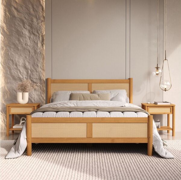 IDIMEX Massivholzbett CEFIRA, Doppelbett 140x200 cm aus Massivholz mit Rattangeflecht Eiche Finish