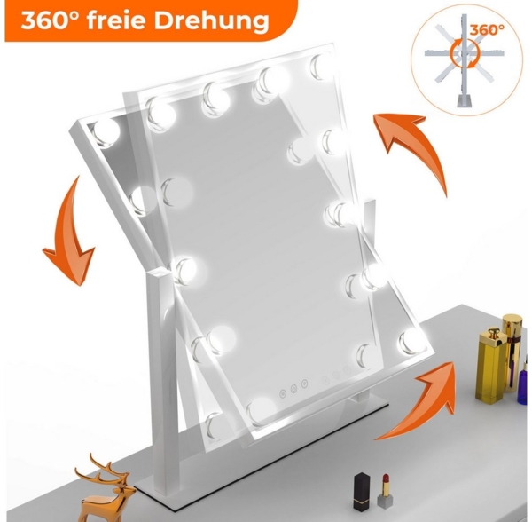 oyajia Schminkspiegel Drehbar Schminkspiegel mit LED Beleuchtung 3 Lichtfarbe Dimmbar Touch (360° Drehbar Kosmetikspiegel, Rechteckig Spiegel 30x41cm mit 12 LEDs), HD bleifreier Spiegel Stabile Standfuß,für Schlafzimmer Kosmetikstudio Bild 3