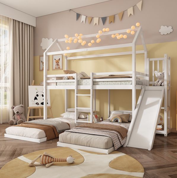 Etagenbett 272 x 206 x 221 cm mit Rutsche und Dachdesign – Kinderbett 90x200 cm in Weiß