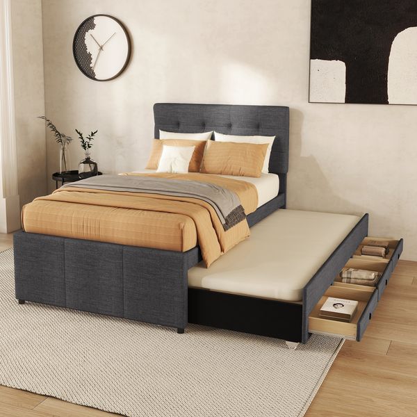 Ausziehbett 90/190–200×200 cm mit 3 Schubladen, höhenverstellbarem Kopfteil, grau, ohne Matratze