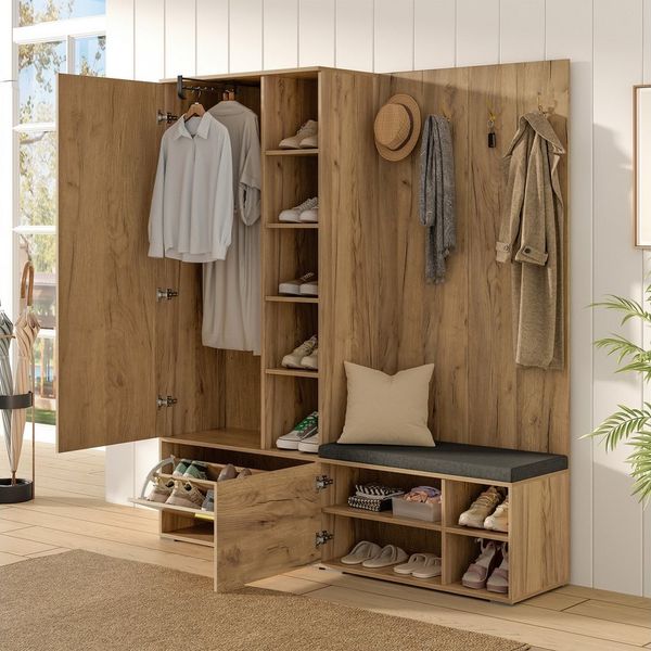 Flieks Garderoben-Set Schuhschrank, Kleiderschrank mit ausziehbarer Kleiderstange & Spiegel, (B160xT38xH180 cm, Flurschrank mit verstellbaren Einlegeböden), Kompaktgarderobe Einganschrank Flurmöbel-Set Holzoptik