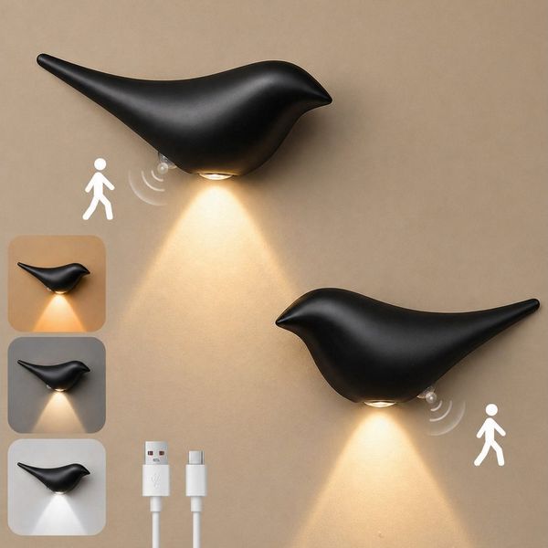 Lapalife LED Wandleuchte Akku Vogel-Wandleuchte Innen, Wandlampe Mit Bewegungsmelder, 3 Farben, 2er Pack, Kabellos Magnetisch, für Kinderzimmer Flur Treppe Dekoration