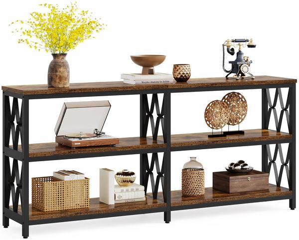 LITTLE TREE Konsolentisch mit Ablage, 180 cm Industrial Sofatisch 3-stufig, Langes Hoftischchen für Wohnzimmer & Flur, Rustikales Braun & Schwarz, Stabiles Metallgestell