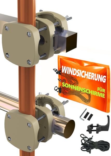 Menz 2 x Schirmhalterung Balkongeländer SunnyBoy 3.0 + Windsicherung für Schirme - Sonnenschirmhalter Balkongeländer als Sonnenschirmständer Balkon - Sonnenschirm Halterung Balkon, Sandbraun