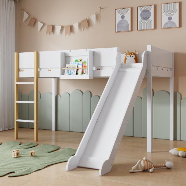 Merax Hochbett Kinderbett 90x200cm mit abnehmbarem Regal, Leiter und Rutsche, weiß