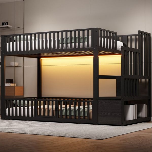 Flieks Etagenbett, Metallbett Kinderbett 90x200 cm mit LED-Beleuchtung & oberem Lattenrost