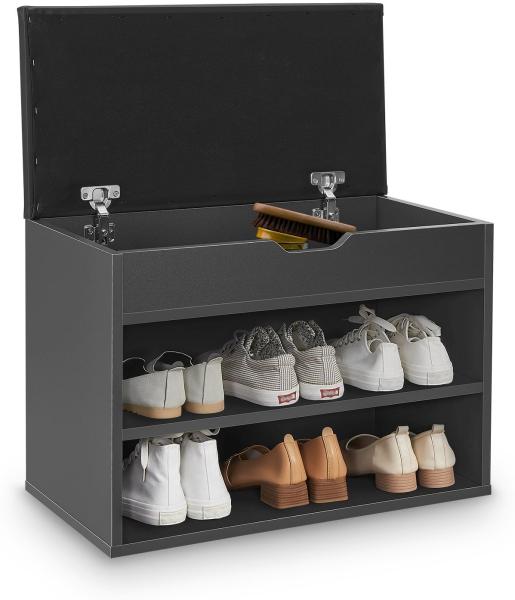 Juskys Schuhregal mit Klappdeckel und gepolstertem Sitz 60x30x44 cm - Schmale Sitzbank aus Holz mit Schuhablage und Polster – Grau-Schwarz