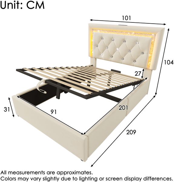 Polsterbett 90×200 cm mit LED, USB-C und hydraulischem Bettkasten, Beige, ohne Matratze Bild 5
