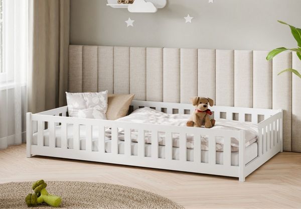 Kids Collective Kinderbett Bodenbett mit Rausfallschutz & Lattenrost Montessori Betten Kinder (Verfügbare Größen: 80 x 160, 80 x 180, 90 x 190, 90 x 200, 120 x 200, 140 x 200 cm), Jugendbett Einzelbett Kiefer Weiß 120x200 cm