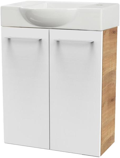 Fackelmann SBC MILANO Gäste WC Set 2-teilig 55 cm, Braun hell/Weiß, 2 Türen, Keramik Hahnloch rechts