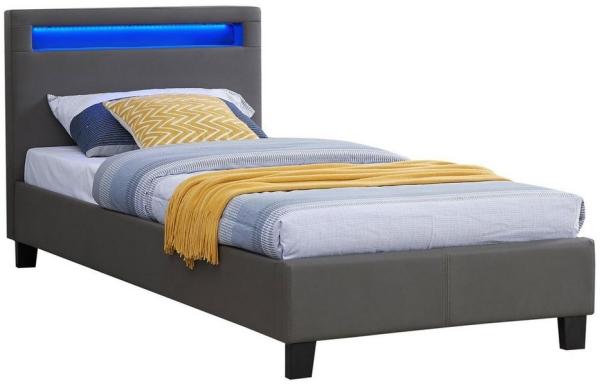 CARO-Möbel Polsterbett Mandalay mit LED Beleuchtung Einzelbett Lederbett 90x200 cm mit Lattenrahmen, Lederimitat in grau