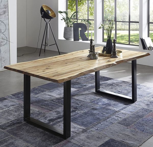 SAM® Essgruppe Lennart, Akazienholz, naturfarben, Baumkante, Metallgestell und 2 Bänken