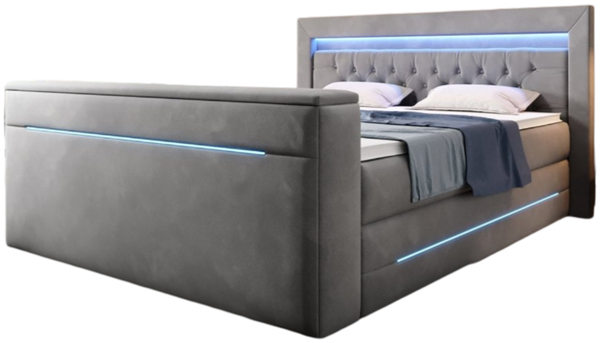 Boxspringbett Neptun mit TV Lift und RGB 140x200 Grau H2 (bis 70kg)