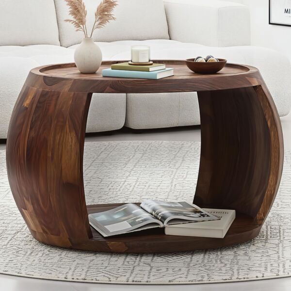 FineBuy Couchtisch Sheesham Massivholz rund 60cm · Wohnzimmertisch mit Ablagefach · Handgefertigter Sofatisch aus Echtholz im natürlichen Landhaus Design