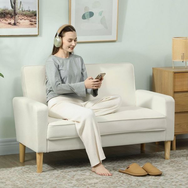 HOMCOM 2-Sitzer Sofa 130 cm Kleine Couch Polstersofa mit Armlehne, Samtoptik, Loungesofa 1 Teile, für Wohnzimmer, Schlafzimmer, Kleinen Raum, Cremeweiß