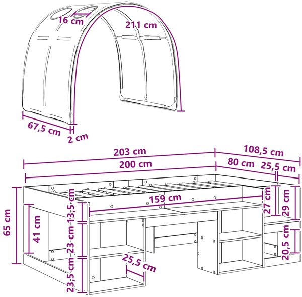 vidaXL Bett mit Tunnel mit Regal 3 Stk. Sonoma und Weiß Holzwerkstoff 3423593 Bild 11