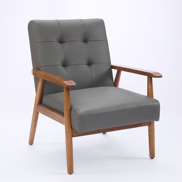 BBWL Sessel Echtleder Sessel mit Nussbaum-Armlehnen & Gummibaumbeinen, Wohnzimmer Relaxsessel, Komfort Einzelstuhl, Modern, 64 x 80 x 83 cm