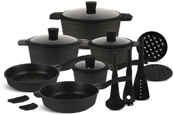Edenberg Topf-Set 15 Tlg Schwarze Töpfe Bratpfannen und Kasserolle Glasdeckel Keramik, Aluminium, Edelstahl, Keramik (Es ist eine perfekte Geschenkidee für jeden Anlass, Bestseller-Topfset – höchste Qualität und Funktionalität)