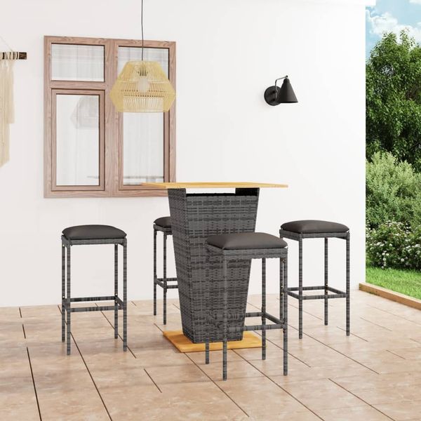 vidaXL 5-tlg. Gartenbar-Set mit Kissen Poly Rattan Grau 3064853