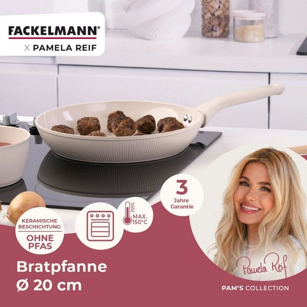 Fackelmann x Pamela Reif Bratpfanne – Ø 28 cm, Aus geschmiedetem, recycelten Aluminium in Pastell Beige, keramische, PFAS-freie Beschichtung, hitzebeständig bis 150 Grad C – Reinigung per Hand