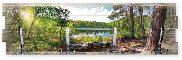 Kreative Feder Wandgarderobe Wandgarderobe "Wald See" aus Holz, im Shabby-Chic-Design farbig bedruckt ca. 30x100 cm 4 Doppel-Haken