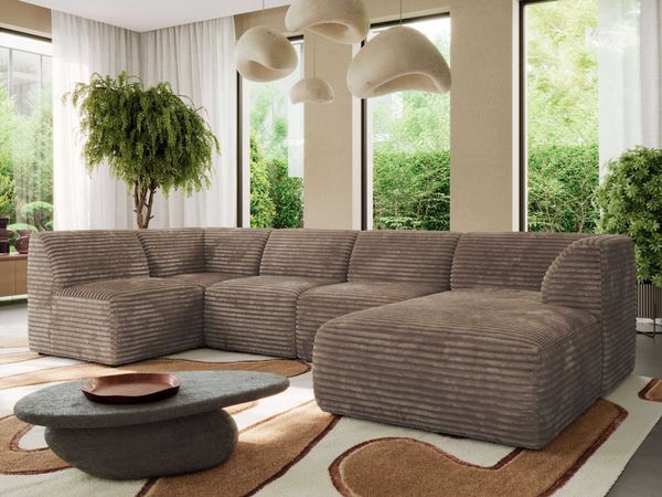 Modulares XXL-Ecksofa MODARO 5M, U-Form, Wohnlandschaft, 5-teilig, freistehend, Wohnzimmer Couch, HR-Schaumstoff - Braun Cord - Rechts