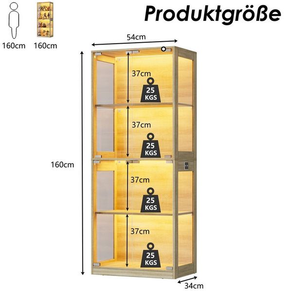 TWSOUL Glasvitrine LED Standvitrine mit Intelligente Sensorik und Pop-up-Design bis 100kg 4-Lagen Standregal mit Glastür, Hochschrank Vitrine für Sammler Bild 3