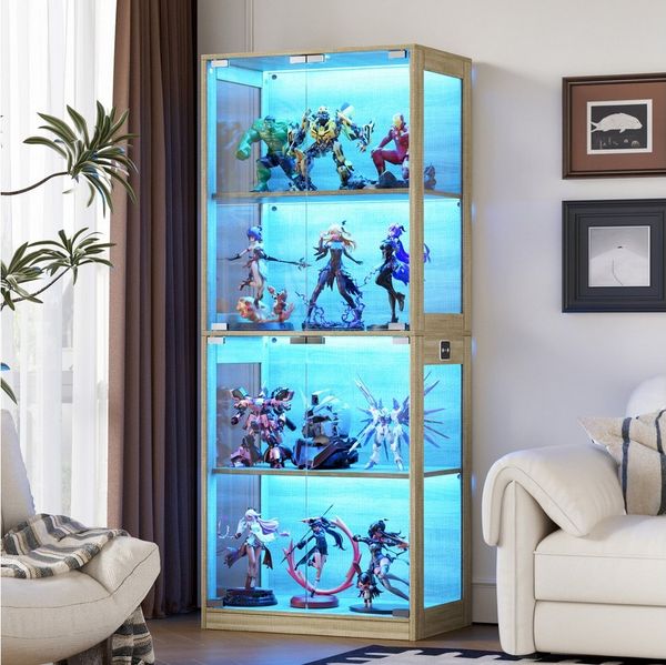 TWSOUL Glasvitrine LED Standvitrine mit Intelligente Sensorik und Pop-up-Design bis 100kg 4-Lagen Standregal mit Glastür, Hochschrank Vitrine für Sammler