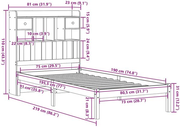 vidaXL Massivholzbett mit Regal ohne Matratze Weiß 75x190 cm Kiefer 3321611 Bild 11