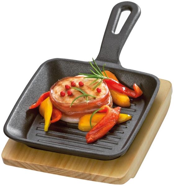 KÜCHENPROFI Grill-/Servierpfanne eckig mit Holzbrett BBQ 23 x 13,5 x 5,5 cm