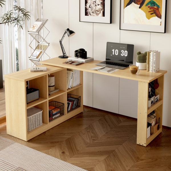 Merax 140 x 104 x 75cm Multifunktionaler Bürotisch, Sechsfach-Lagerschrank + Ablage, breite und dicke Schreibtischplatte, Lochplatte + Ablage, super belastbar, veränderbare Form, Natural