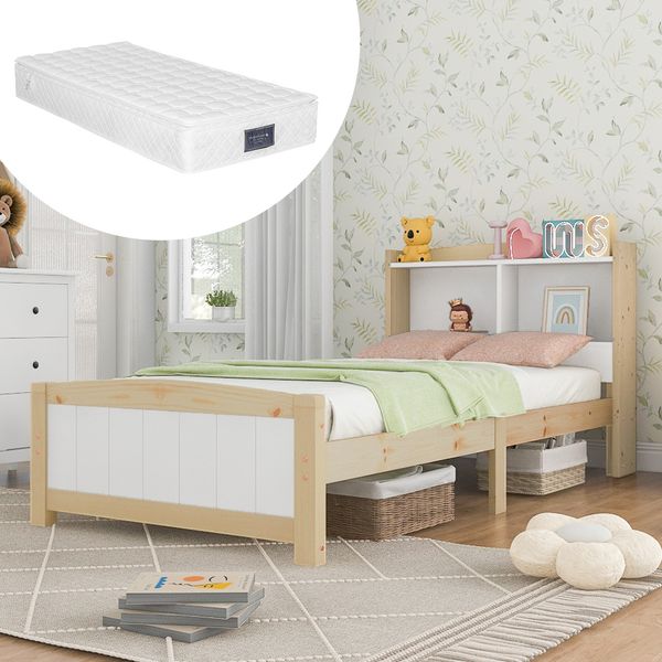 Bett 90x200 cm mit Matratze, Holzmaterial in Weiss/Natur, Stauraum-Kopfteil, Lattenrost inklusive