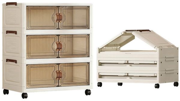 PFCTART Mehrzweckschrank Aufbewahrungsschrank faltbar mit Rollen aus PP-Kunststoff (Set, 1-St, Als Aufbewahrungsbox mit Deckel groß für Kleidung, Schuhe & Haushalt) Stapelboxen mit transparentem Frontdesign, werkzeuglose Montage