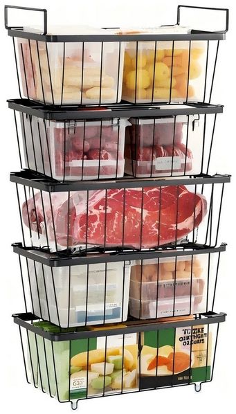Refined Living Aufbewahrungsbox 5X Gefriertruhe Körbe Stapelbar,Gefrierkorb,Gefriertruhe Organizer (Gefrierbehälter stapelbar, Tiefkühltruhe Ordnung, Gefrierschrank Aufbewahrung, Drahtkörbe mit Griffen, Gefrierschrank Körbe, Tiefkühl Organizer Körbe, G...