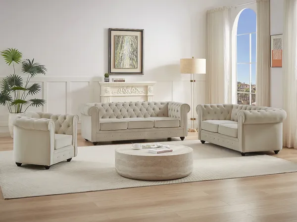 Vente-unique - CHESTERFIELD Sofa and armchair set SamtStoff Beige - B 78 cm88 cm x H 72 cm x L 168 cm82 cm205 cm