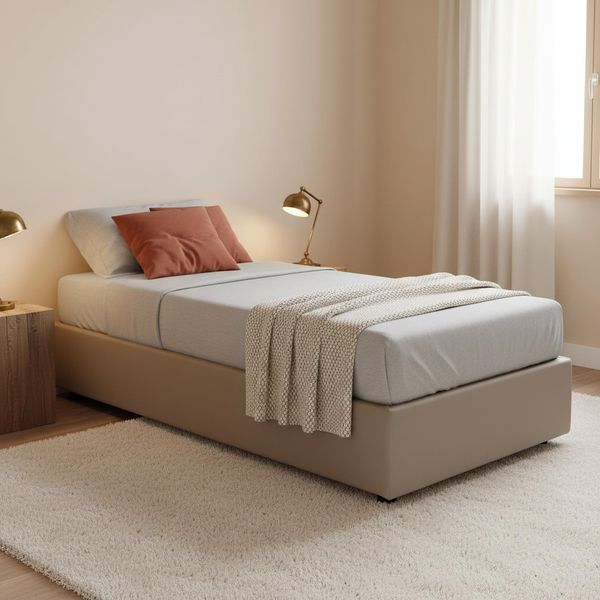 Talamo Italia - Einzelbett Federica, Bettkasten mit Kunstlederbezug, 100 % Made in Italy, Öffnung vorne, inklusive Matratze 90x200 cm, Taupe