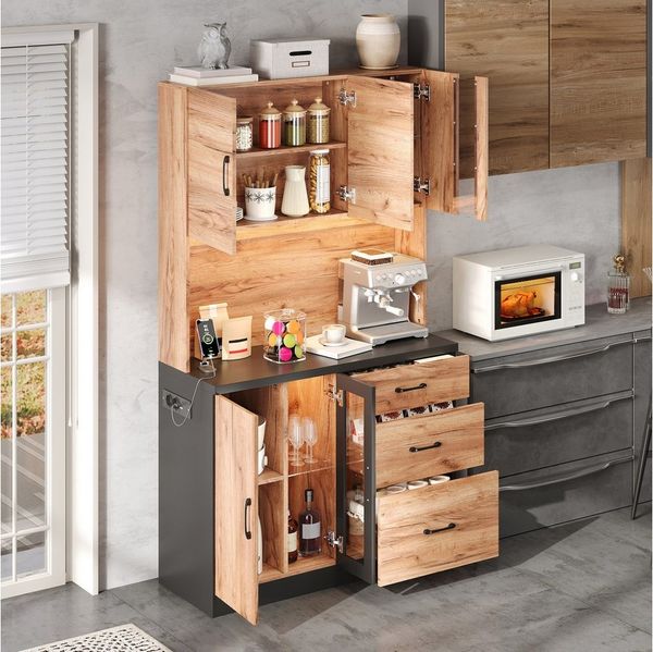 HAUSS SPOLE Highboard mit Stauraum LED USB,Anrichte Küchenhochschrank Steckdosen Esszimmer (Buffetschrank mit 2 Fächer mit Glastüren LED Lichtleisten, 3 Schubladen, 2 Staufächer mit verstellbaren Einlegeböden), mit Kippschutzvorrichtung