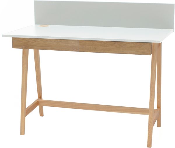 Ragaba Schreibtisch mit 2 Schubladen und Rückwand, MDF & Massives Eschenholz, 110x50 cm, Weiß