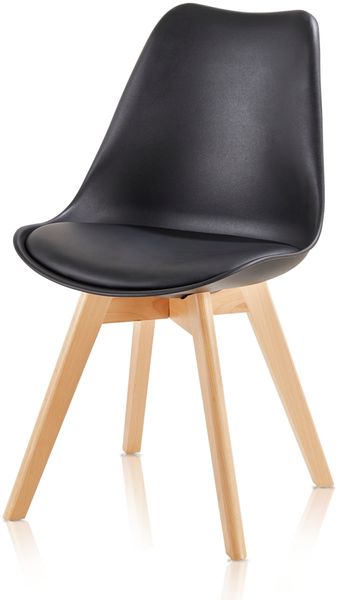 Esszimmerstühle Scandi Stil - Stuhlbeine aus Massivholz Buche - Kunststoff-Sitzschale mit Sitzpolster aus Kunstleder 1 Stuhl Schwarz