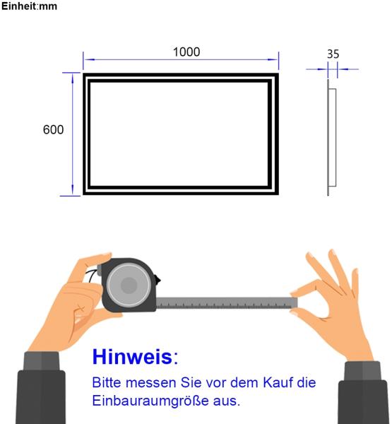 EMKE LED Badspiegel 100x60cm Kaltweiß/Warmweiß Licht, Knopfschalter, Beschlagfrei, IP44 Wasserdicht Wandspiegel Bild 5