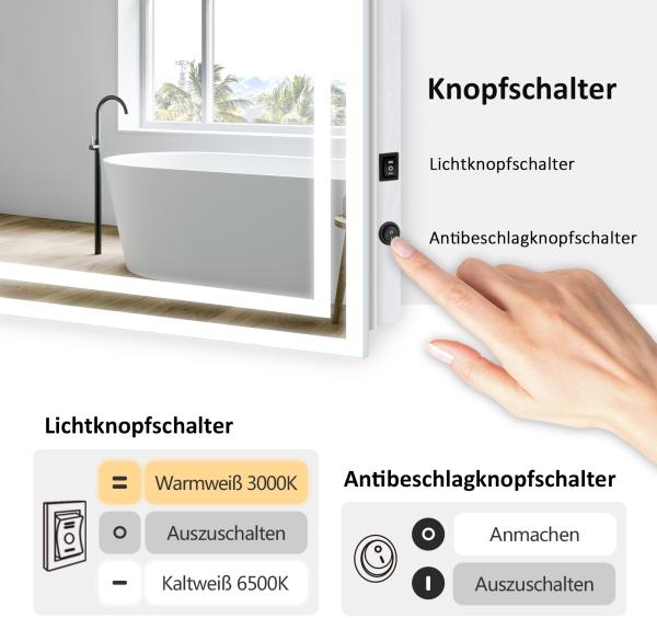 EMKE LED Badspiegel 100x60cm Kaltweiß/Warmweiß Licht, Knopfschalter, Beschlagfrei, IP44 Wasserdicht Wandspiegel Bild 2