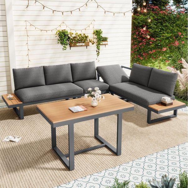 Flieks Gartenlounge-Set, 6-Sitzer Gartenmöbel 1 Tisch, Ecksofa mit 5-stufig-Neigungsfunktion