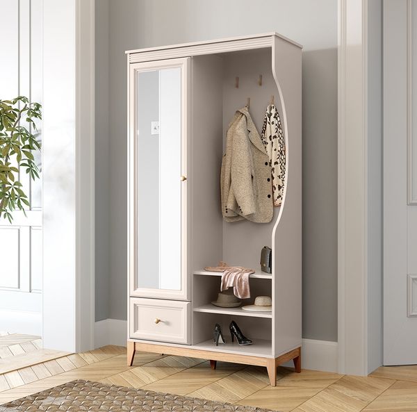 MEBLINI Garderobenschrank Flur mit Spiegel - TUDOR - 100x40,5x193cm – Kaschmir - Garderobe Schrank - Flurgarderobe schmal - Garderobe Flur Möbel Set - Flurschrank hoch