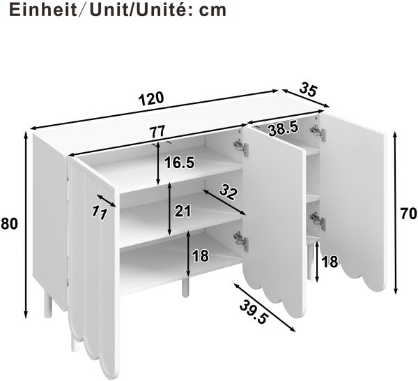 Sideboard MDF mit Wellentüren & Rebound-System, 120x35x80 cm, Weiß Bild 3