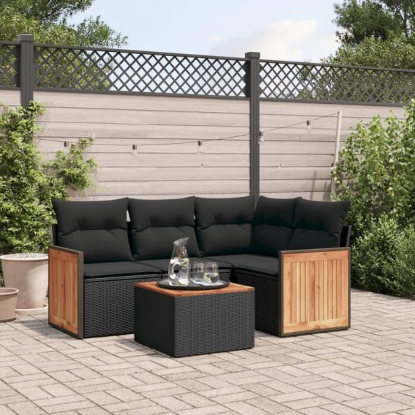 vidaXL 5-tlg. Garten-Sofagarnitur mit Kissen Schwarz Poly Rattan 3227616