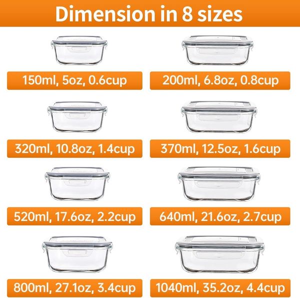 Refined Living Frischhaltedose 8er Glas Frischhaltedosen mit Deckel,Meal Prep Boxen,Lunchbox,BPA-frei, Borosilikatglas + BPA-freie Kunststoffdeckel mit Silikonring, (8 Größen im Set, Grau, Glasbehälter mit Deckel, Vorratsdosen Glas, Lunchbox Glas, Glas...